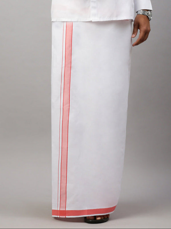 Men Cotton Blend Single Layer White Dhoti with Fancy Border WP09