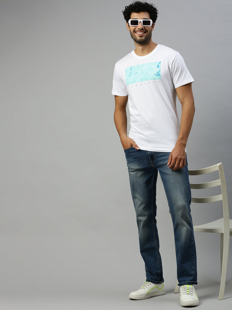 White & Blue Graphic Printed Round Neck Casual T-Shirt GT44