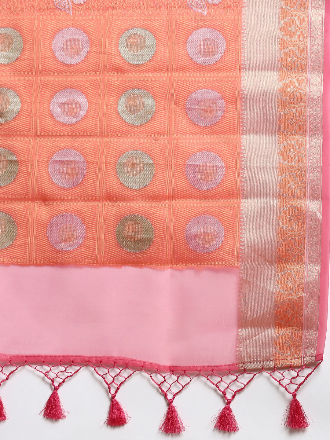 Semi Kora Cotton Allover Design Saree Light Orange & Pink with Zari Border SKCW03-Zari view