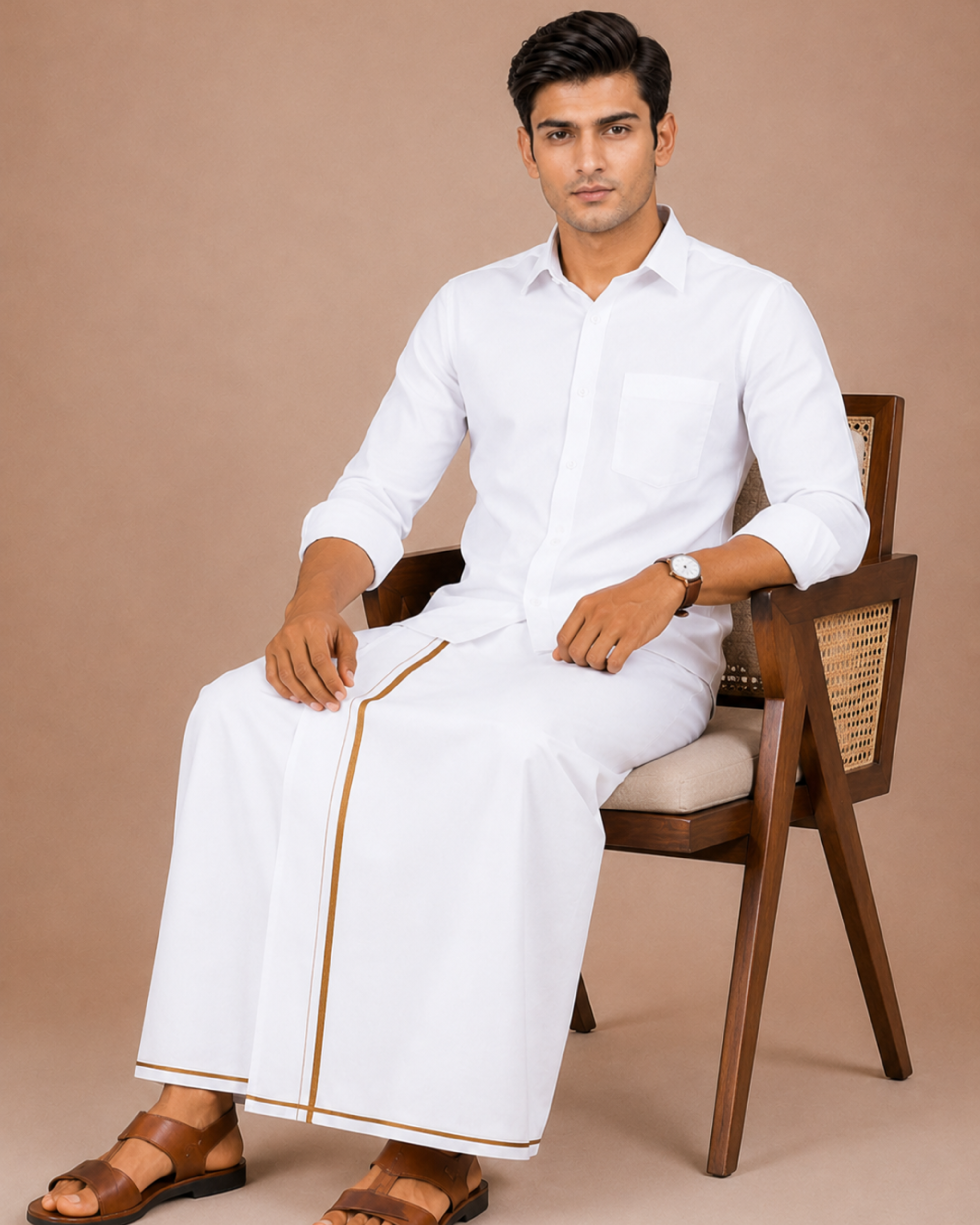 Men Cotton Linen Single Layer White Dhoti with Small Border Lee Sort LDS03