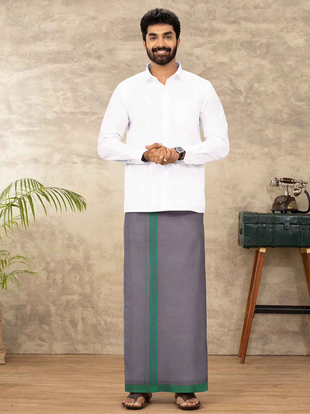 Men 100% Cotton Single Layer Charcoal Dhoti with Assorted Border Ahimsa