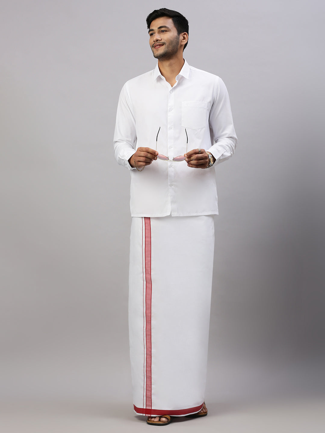 Mens White Shirt with Red Fancy Border Dhoti Combo WP02