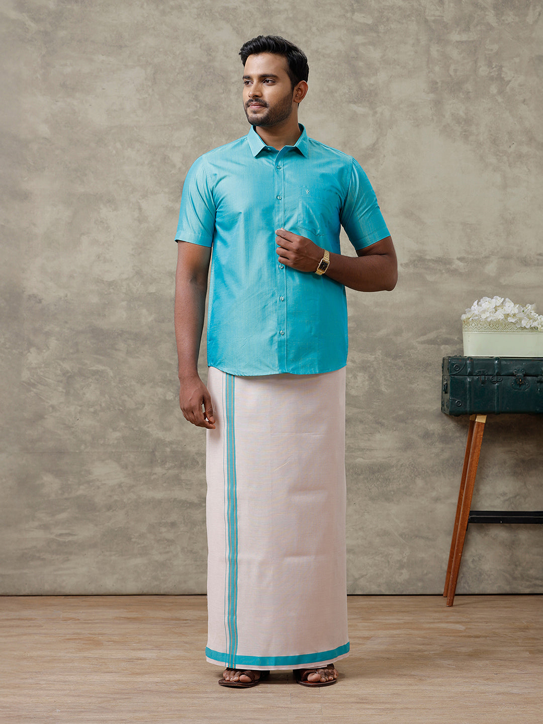 Couple Combo Shirt & Dhoti Set with Saree Blue SS322