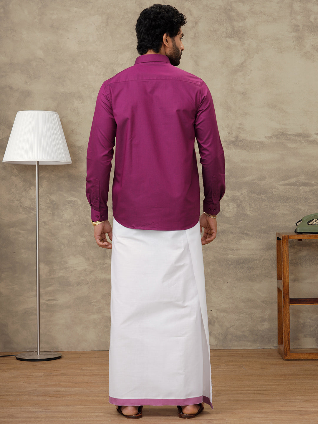 Men Dark Raspberry Shirt With Matching Border Dhoti Set Evolution