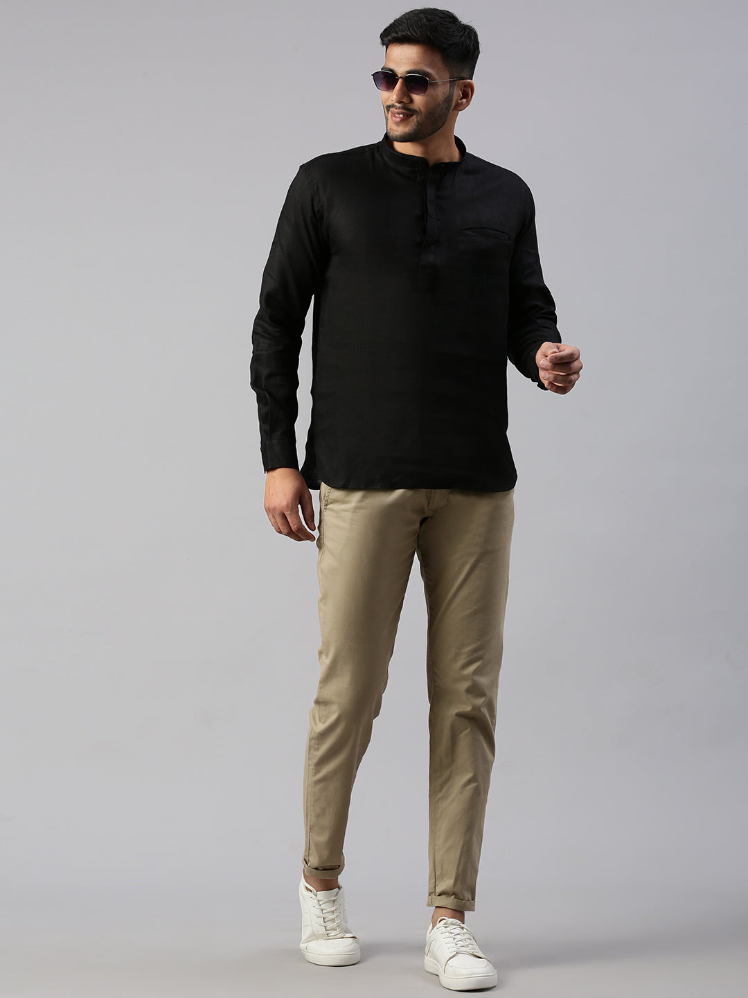 Mens Linen Black Full Sleeves Short Length Kurta M16