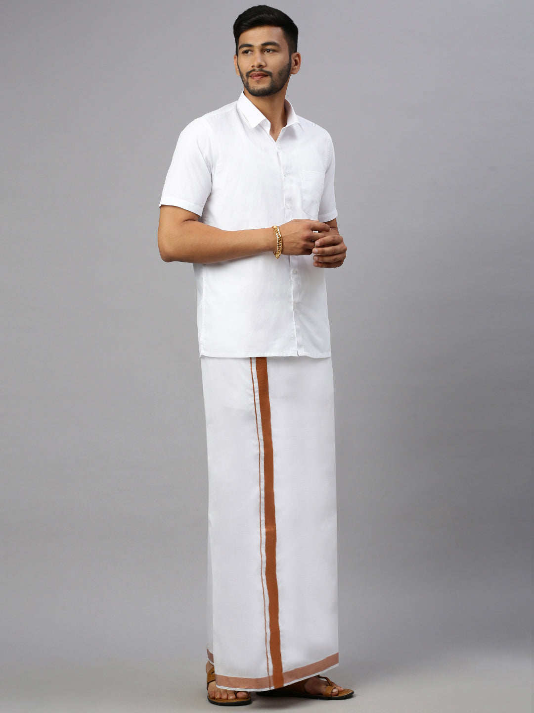 Men White 1 1/2'' Copper Jari Border Double Layer Dhoti Ribhu