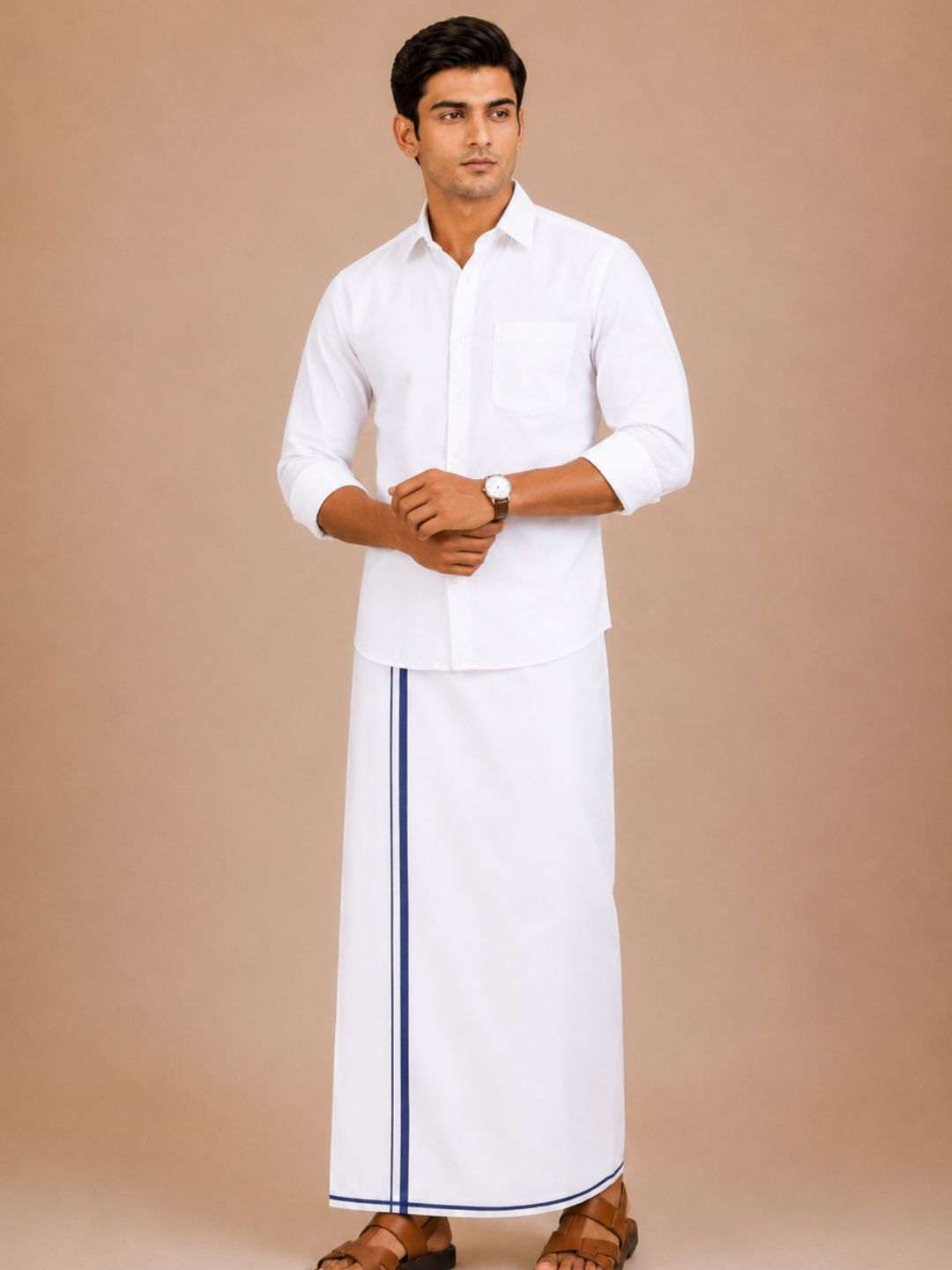 Men 100% Cotton Single Layer Small Border Dhoti Naval NV02