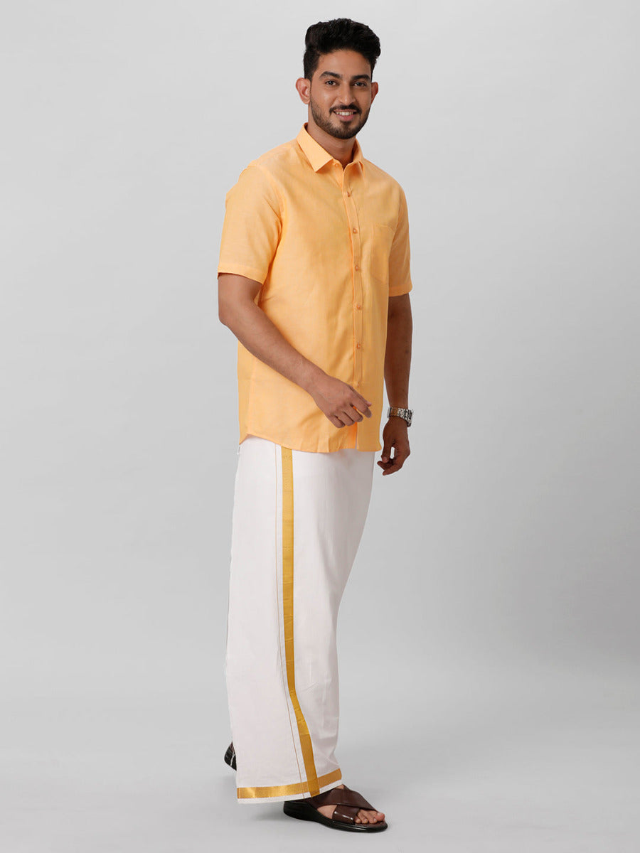 Mens Linen Cotton Formal Orange Half Sleeves Shirt LF8-Full view