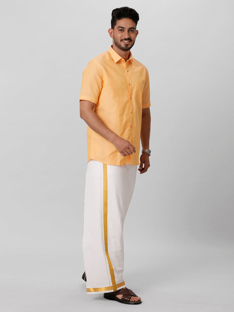Mens Linen Cotton Formal Orange Half Sleeves Shirt LF8