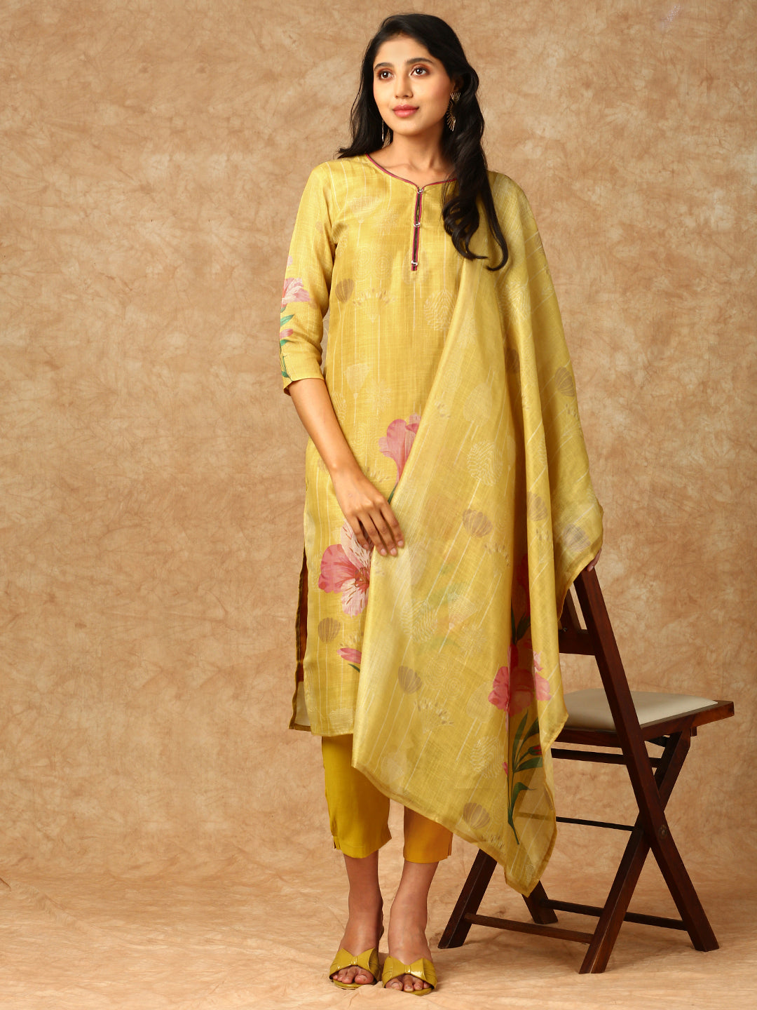 Women Tissue Printed Kurti Set Yellow EKS36