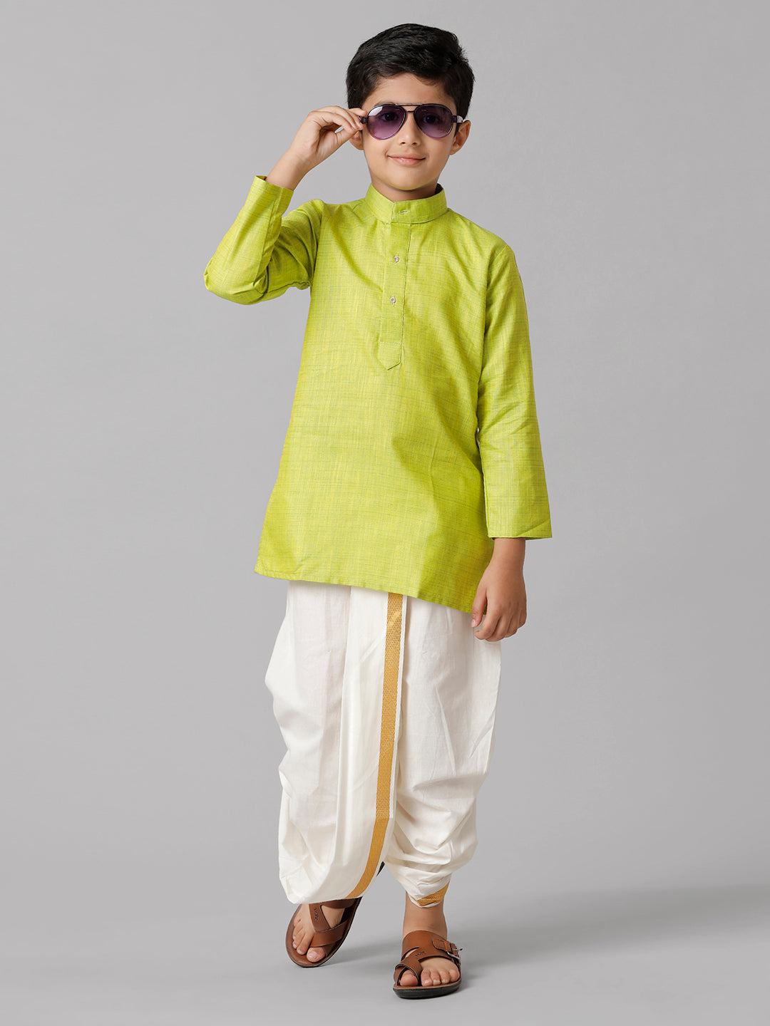 Boys Cotton Parrot Green Kurta with Cream Elastic Panchakacham Towel Combo FS2-Front view