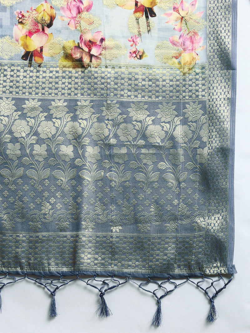 Womens Semi Tussar Grey Flower Printed Saree with Tassels STP17