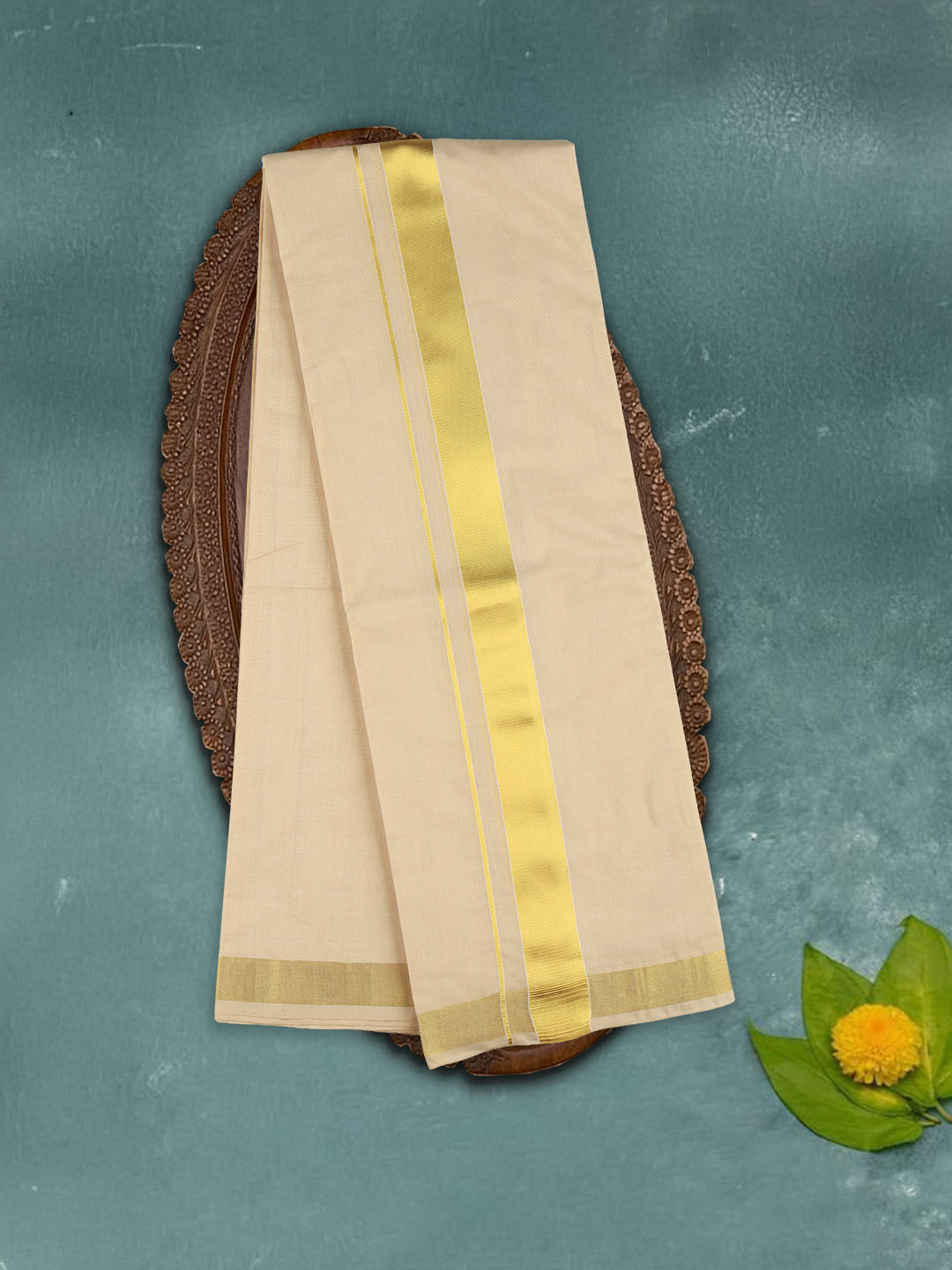 Men Premium Cotton Handloom Dhoti with Gold Jari Border HLM36