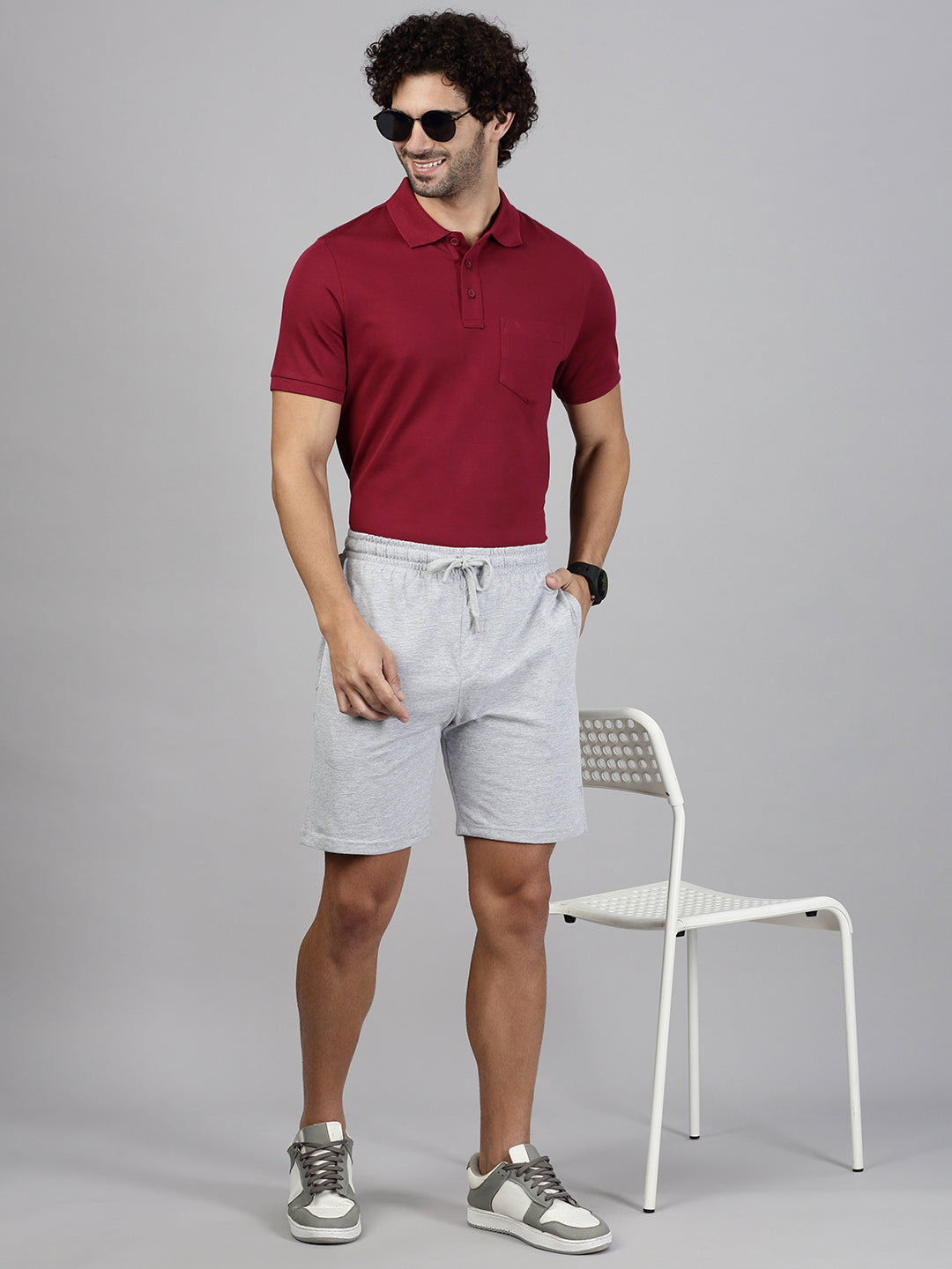 Maroon Polo T-shirt with Grey Shorts Combo