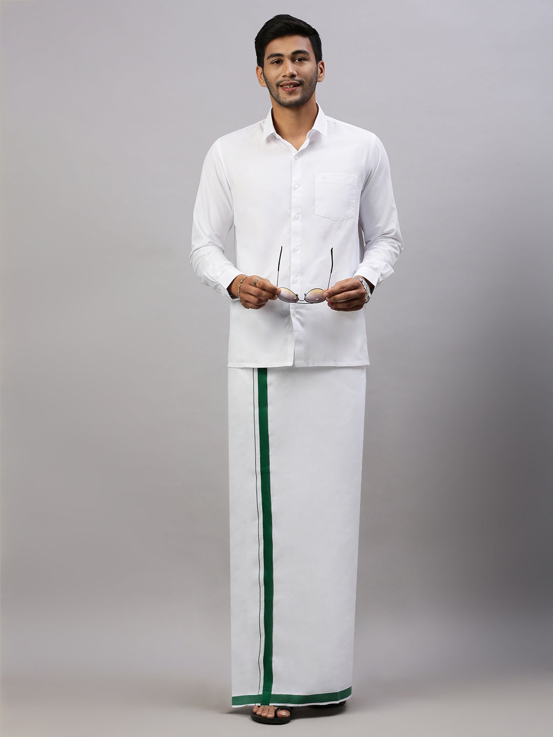 Mens Elegant Look Cotton Single Dhoti with Green Fancy Border