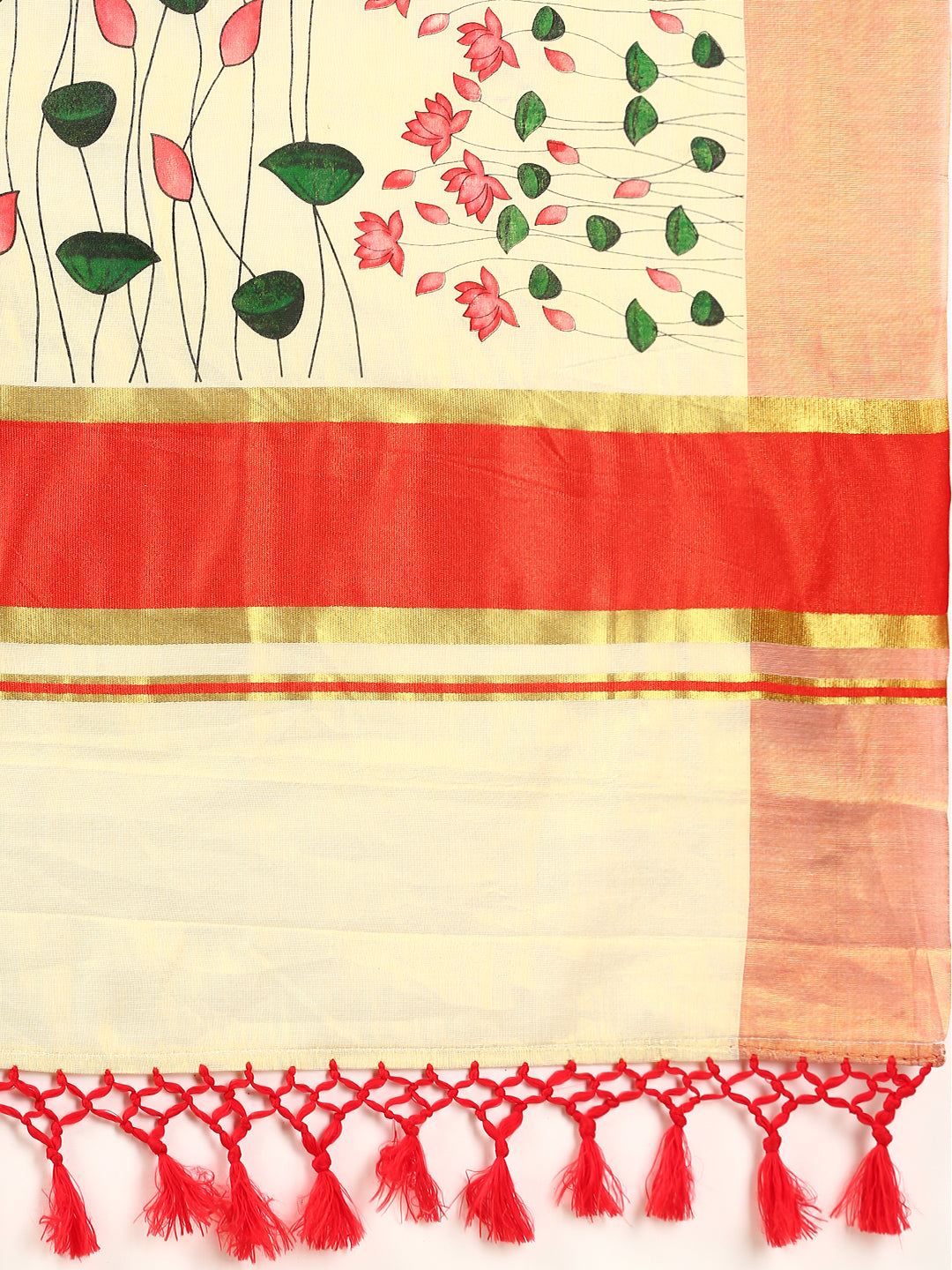 Women Kerala Cream Tissue Printed Saree KS154