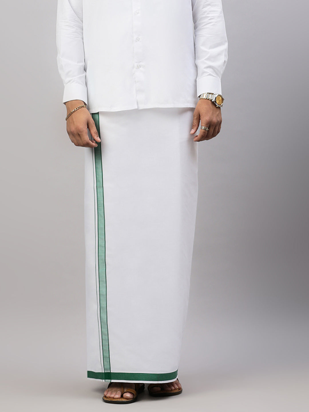 Mens White Shirt with Green Fancy Border Dhoti Combo WP01