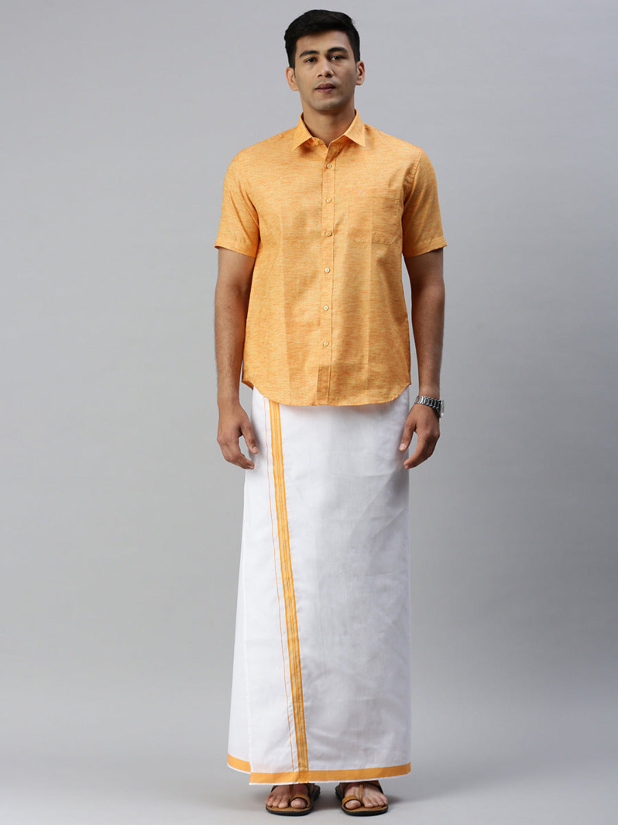 Men Matching Border Dhoti & Half Sleeves Shirt Set Trendy CC2