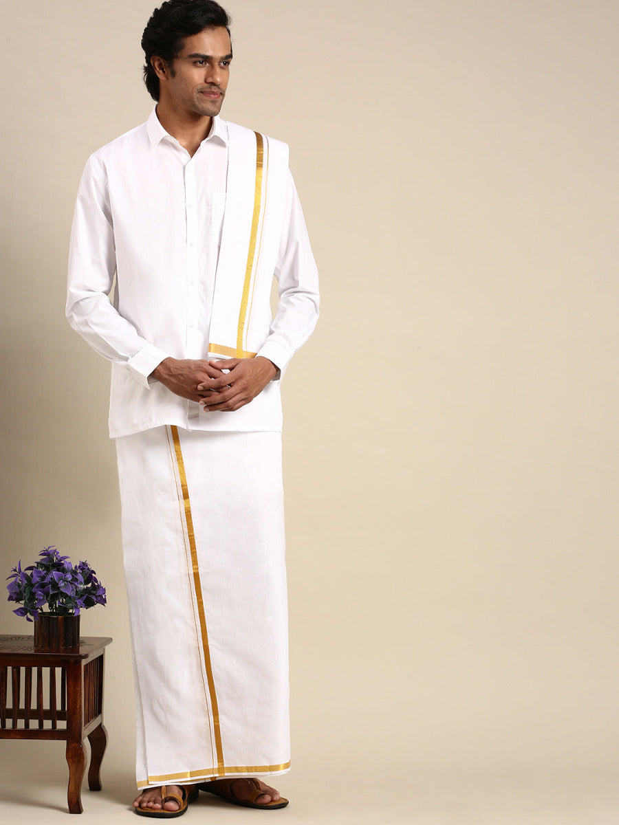 Premium White Full Sleeves Shirt with 1/2" Gold Jari Double Dhoti & Towel Combo-Front view