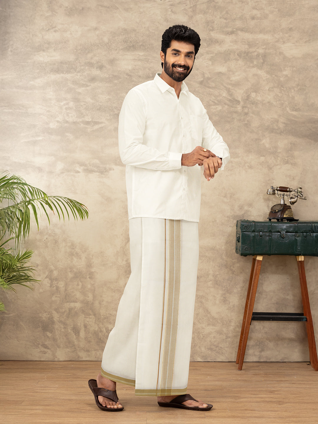 Men Kora Cotton Double Layer Dhoti with Brown Fancy Jari Border EGJ18
