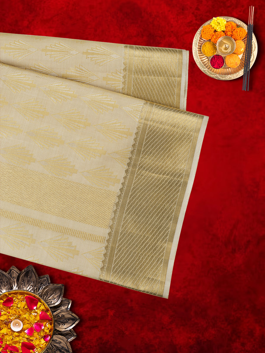 Mens Pure Silk Fawn 4" Gold Jari Border Dhoti with Towel Amirtham-view three