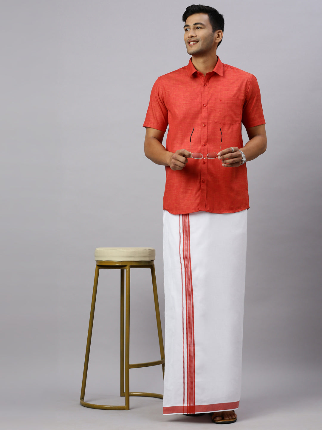 Mens Rosewood Red Matching Border Dhoti & Half Sleeves Shirt Set CV4