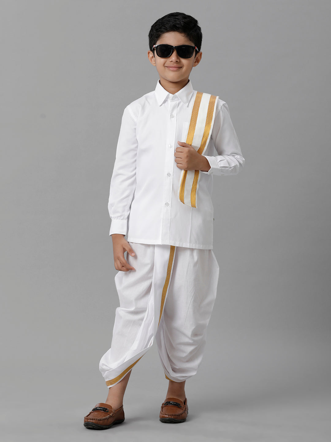 Boys Cotton White Full Sleeves Shirt Panchakacham Towel Combo-Front view
