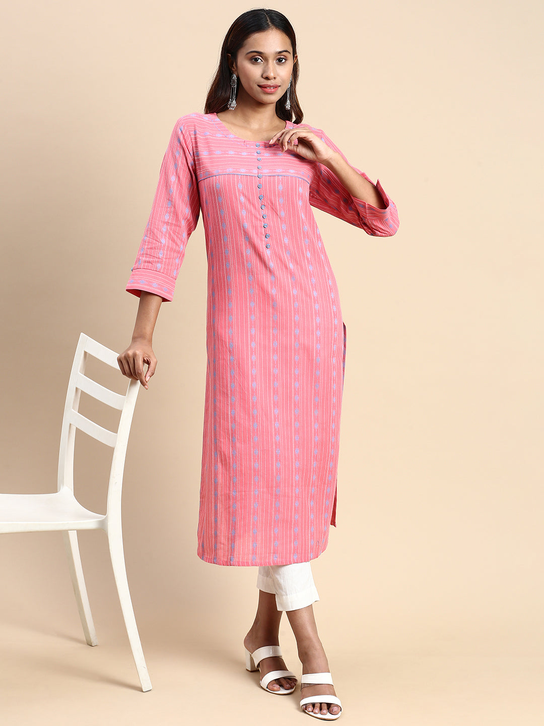 Women Cotton Embroidered Round Neck Straight Cut Pink Kurti EK40-Full view