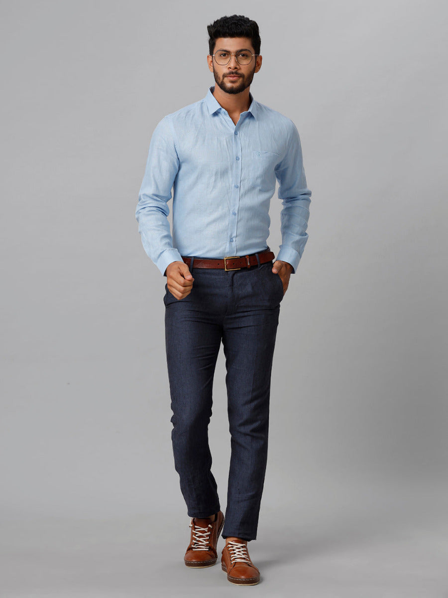 Mens Pure Linen Blue Smart Fit Full Sleeves Shirt-Full view