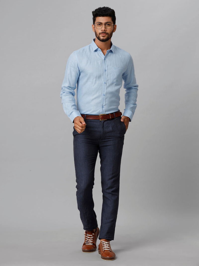 Mens Pure Linen Blue Smart Fit Full Sleeves Shirt