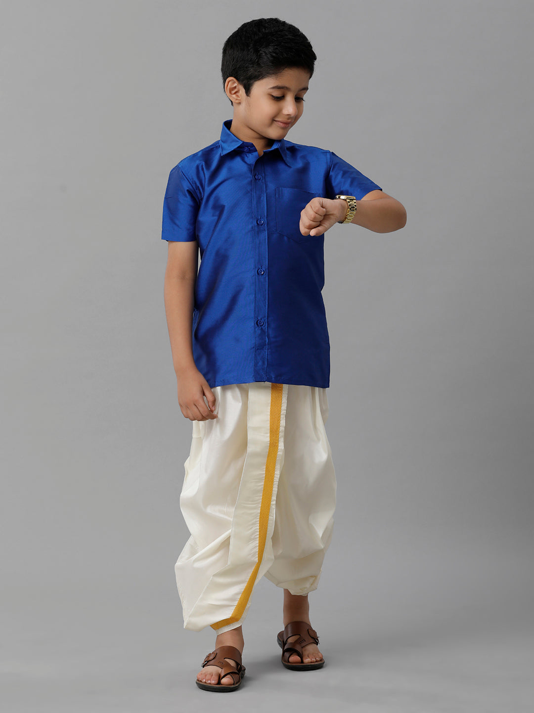 Boys Silk Cotton Royal Blue Half Sleeves Shirt with Soft Silk Panchakacham Combo K5-Front view