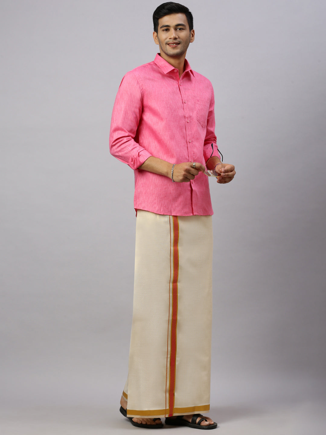 Mens Macho IBI Rose Matching Border Dhoti With Full & Half Sleeves Shirt Set CCB