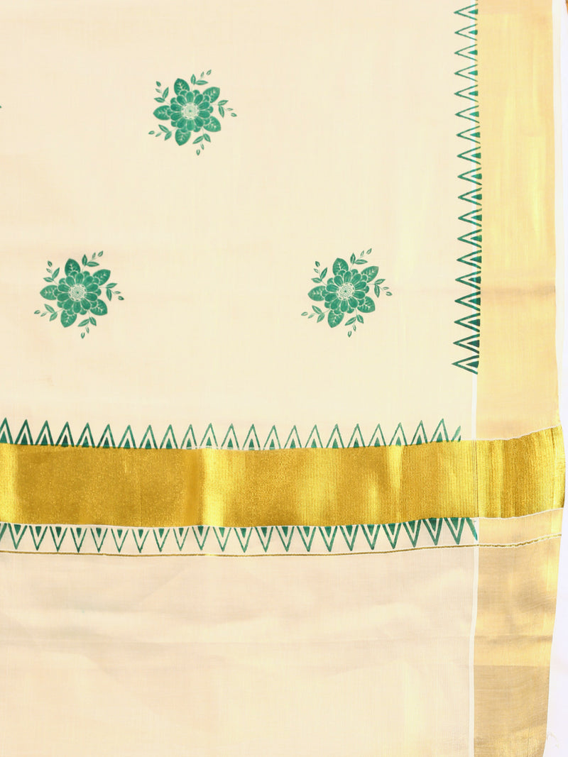 Womens Kerala Tissue Flower Printed Gold Jari & Green Border Saree OKS16