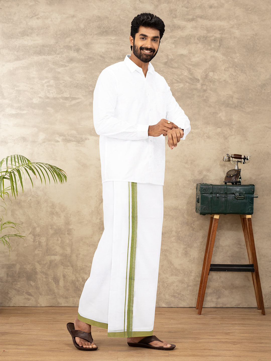 Men 100% Cotton Double Layer White Dhoti with Fancy Jari Border EJF17