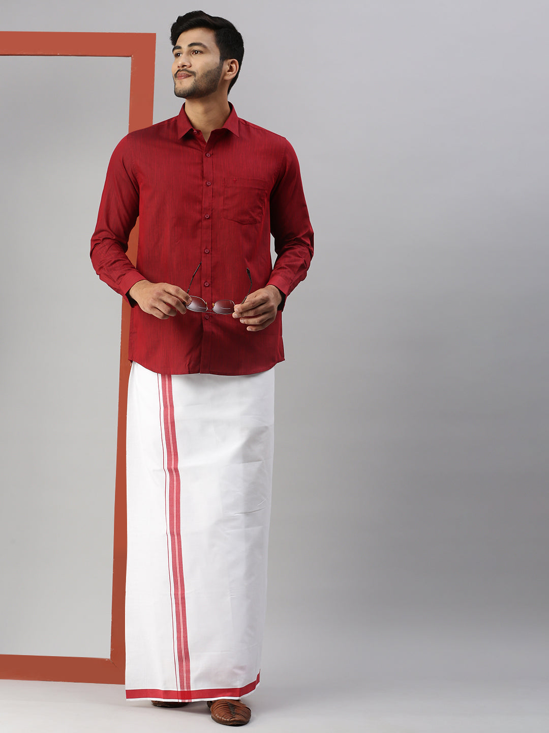 Mens Dark Red Matching Border Dhoti & Full Sleeves Shirt Set Evolution IC9-Full view