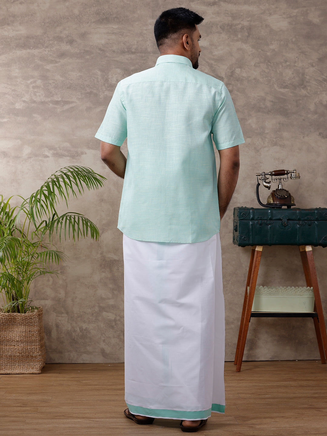 Men Matching Border Dhoti & Shirt Set Half Light Pista Green C83