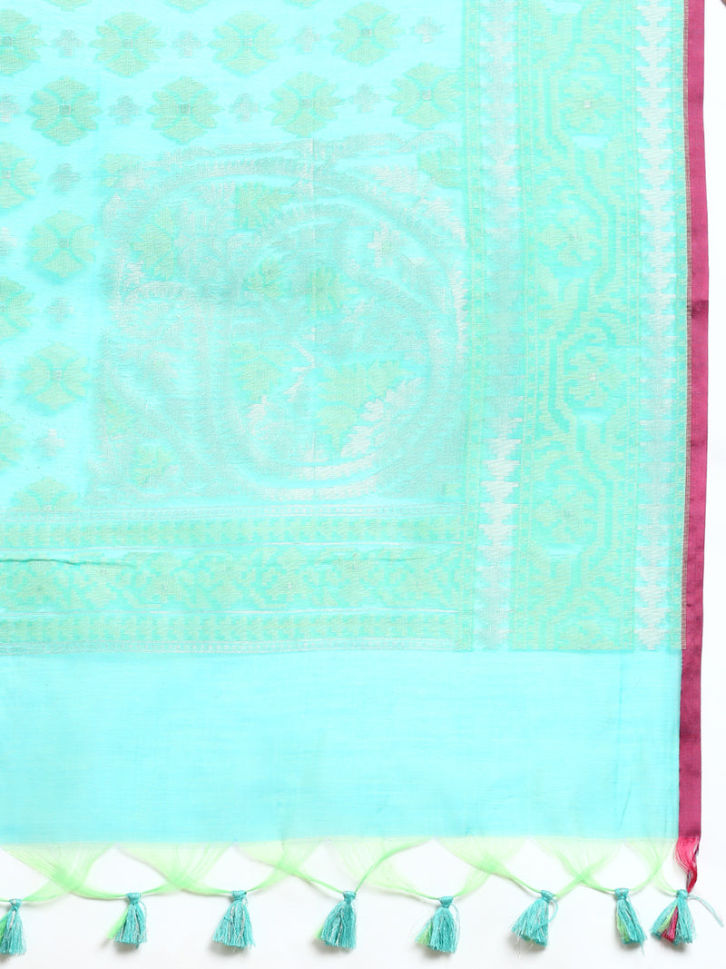 Stylish Flower Design Green & Blue Semi Kora Cotton Saree SK94
