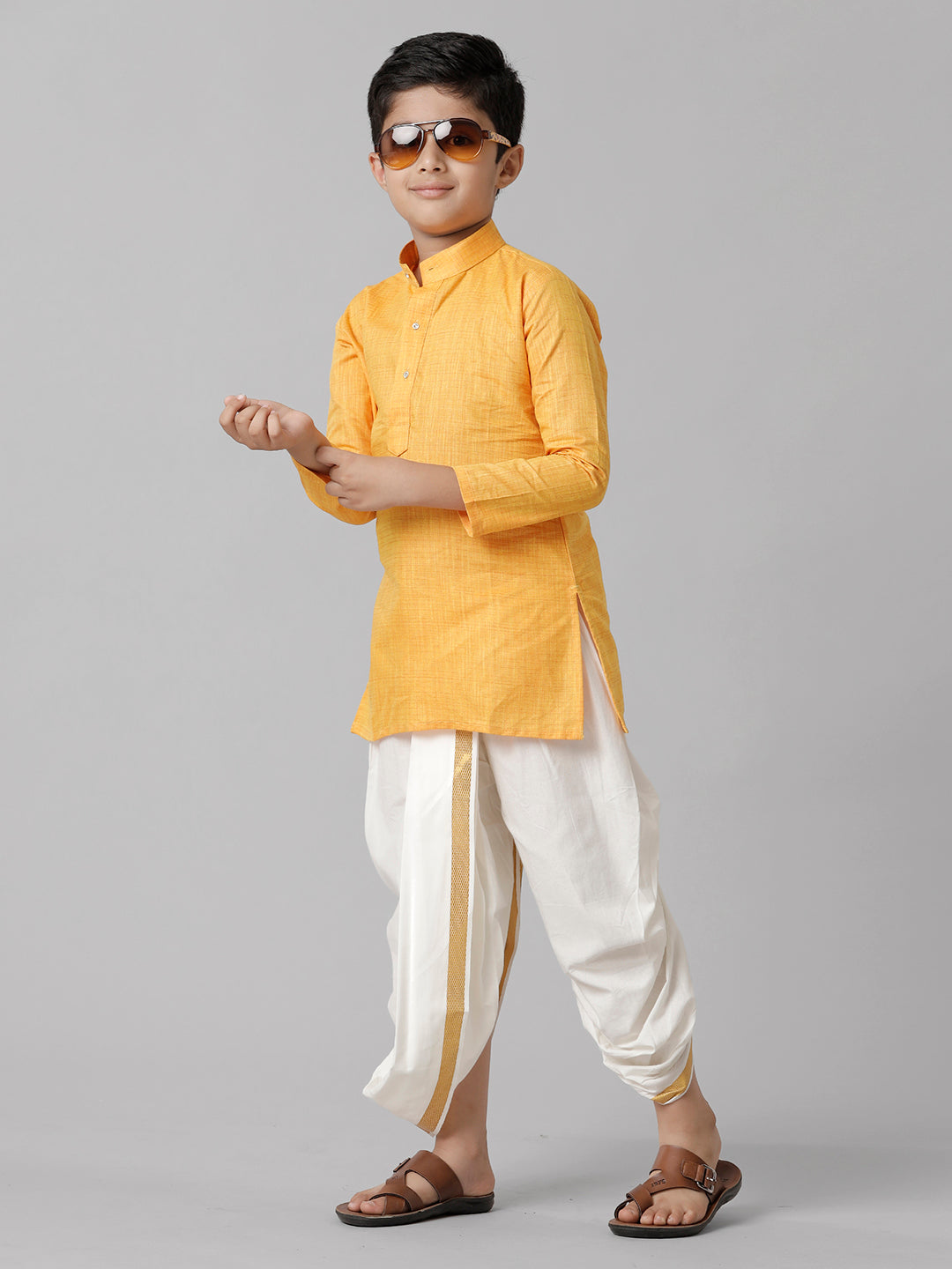 Boys Cotton Yellow Kurta with Cream Elastic Panchakacham Towel Combo FS1-Side alternative view
