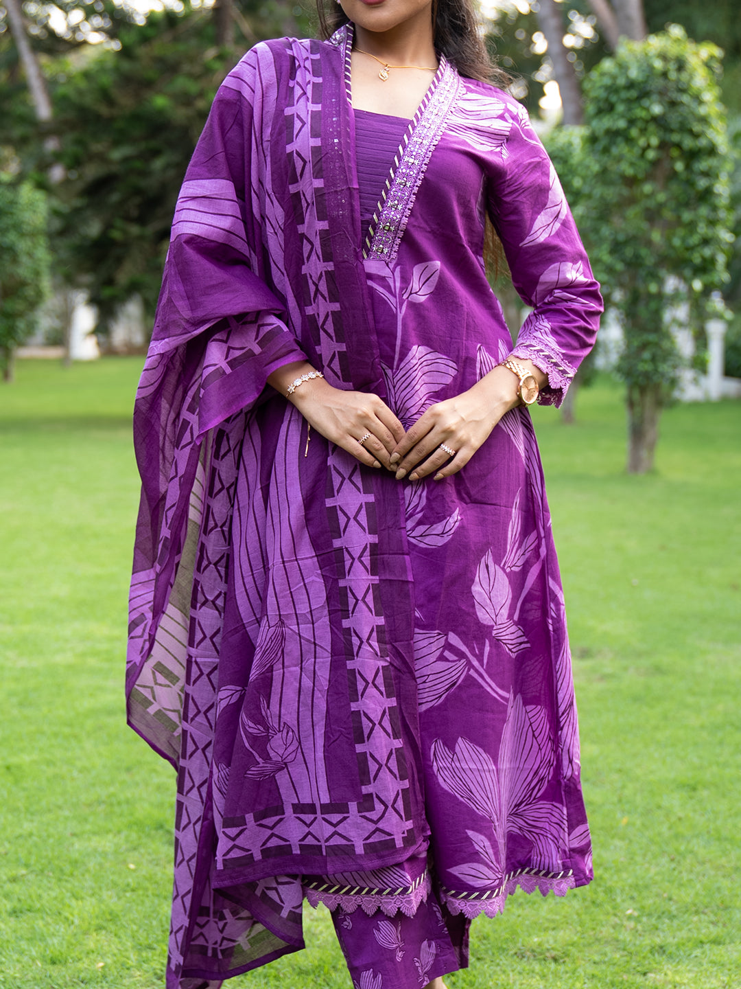 Women Pure Cotton Embroidered Purple Kurti with Pant & Dupatta Set EKS123
