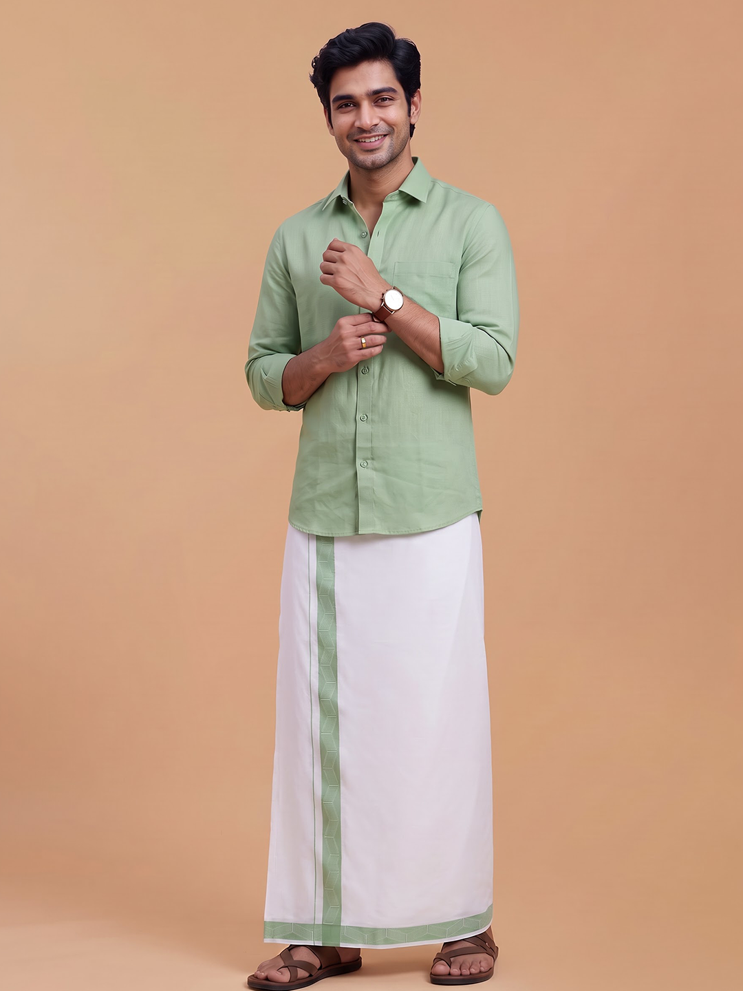 Single Layer Cotton Blend White Dhoti With Green Jacquard Design Border ELC02