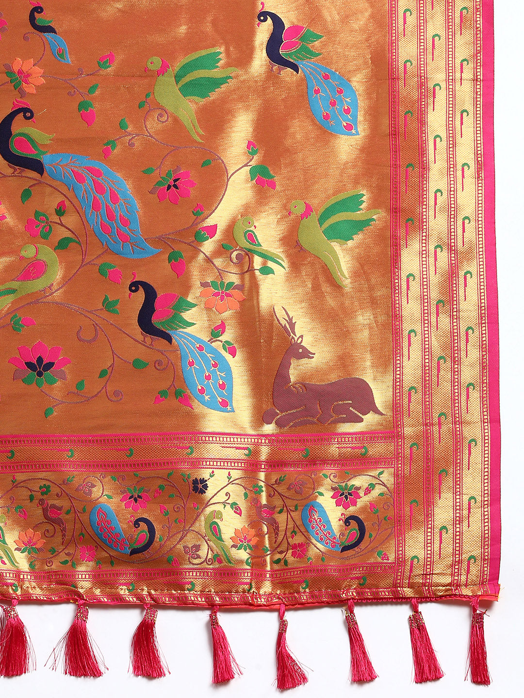 Womens Semi Silk Peacock Design Mustard & Pink Saree ASP07