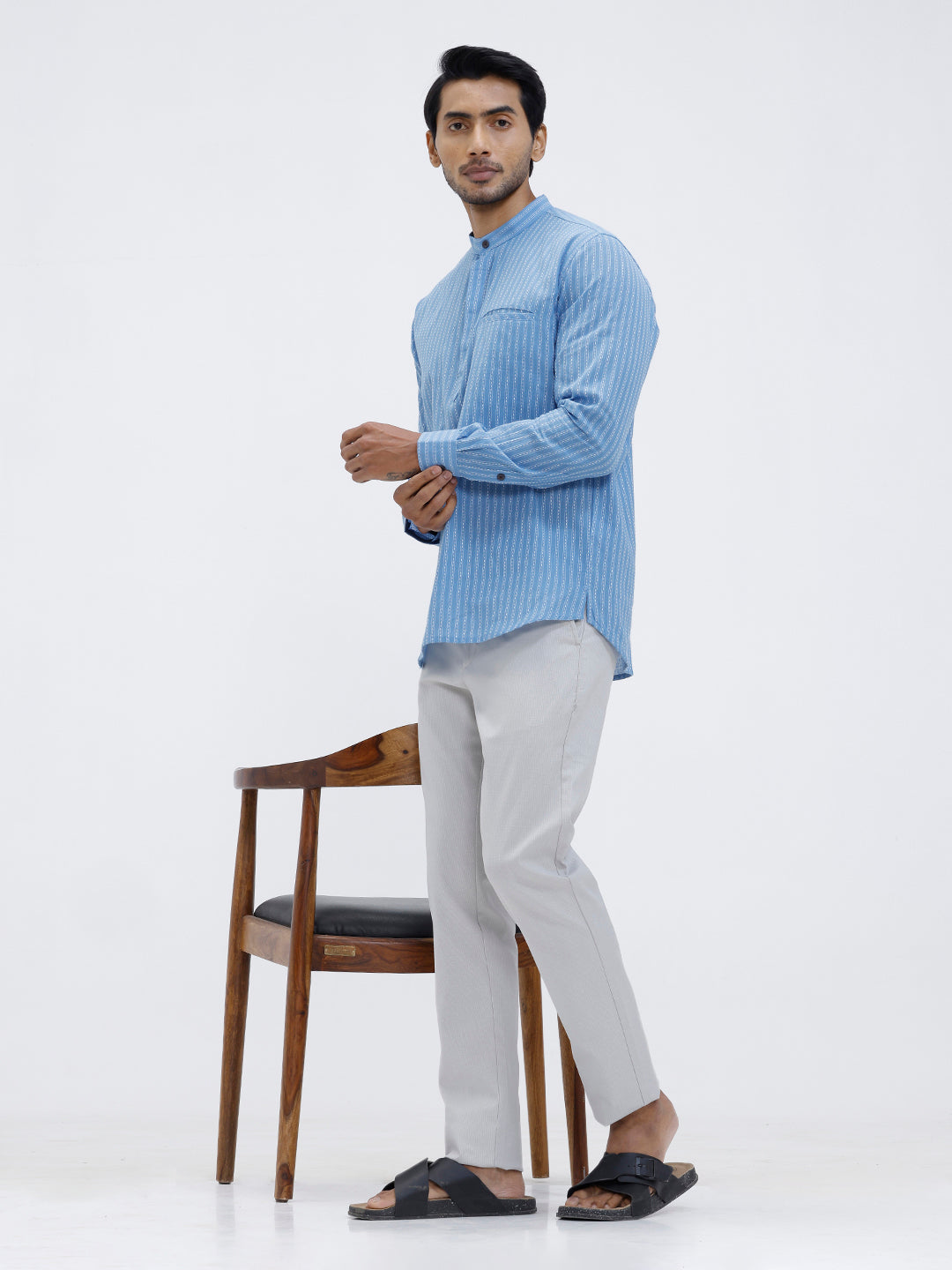 Men Cotton Short Length Striped Pocket Kurta Bright Blue RK59