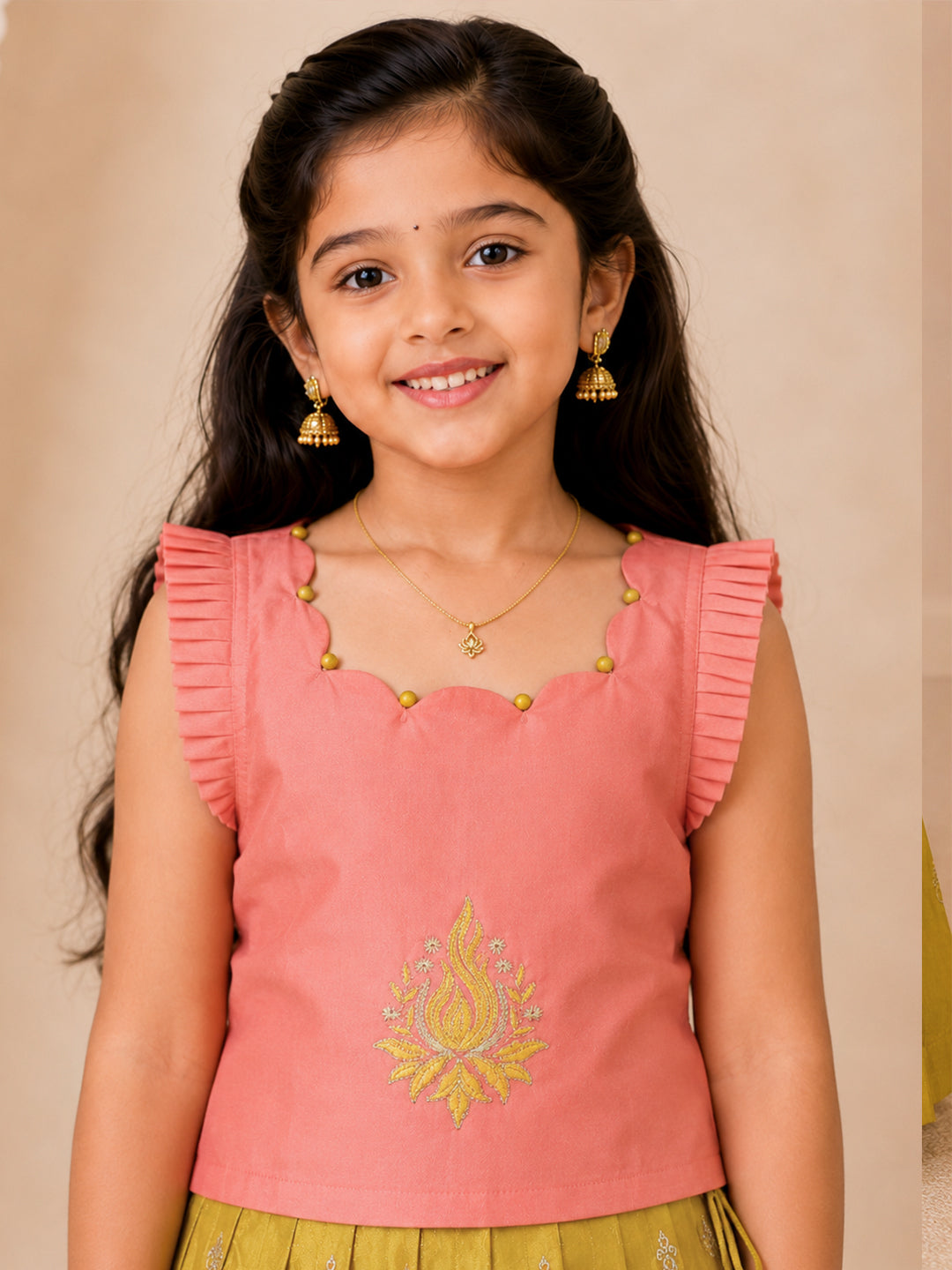 Girls Silk Cotton Peach Pattu Pavadai Set GPS40