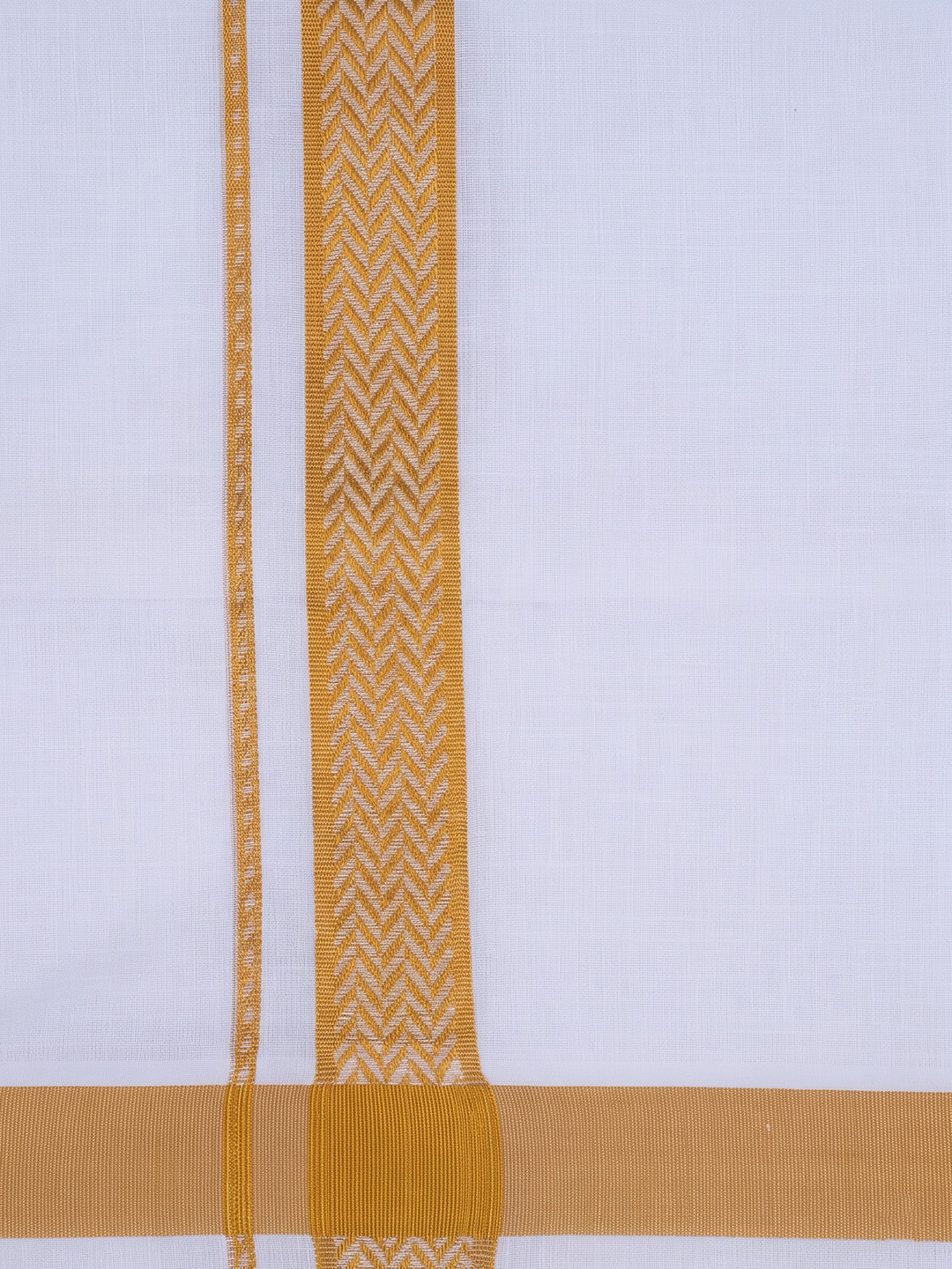Single Layer 100% Cotton White Dhoti With 1 1/2 Inch Jacquard Gold Jari Border - GG05
