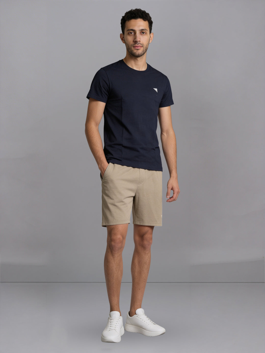 Men Navy Crew neck T-Shirt with Taupe Shorts Combo ES9