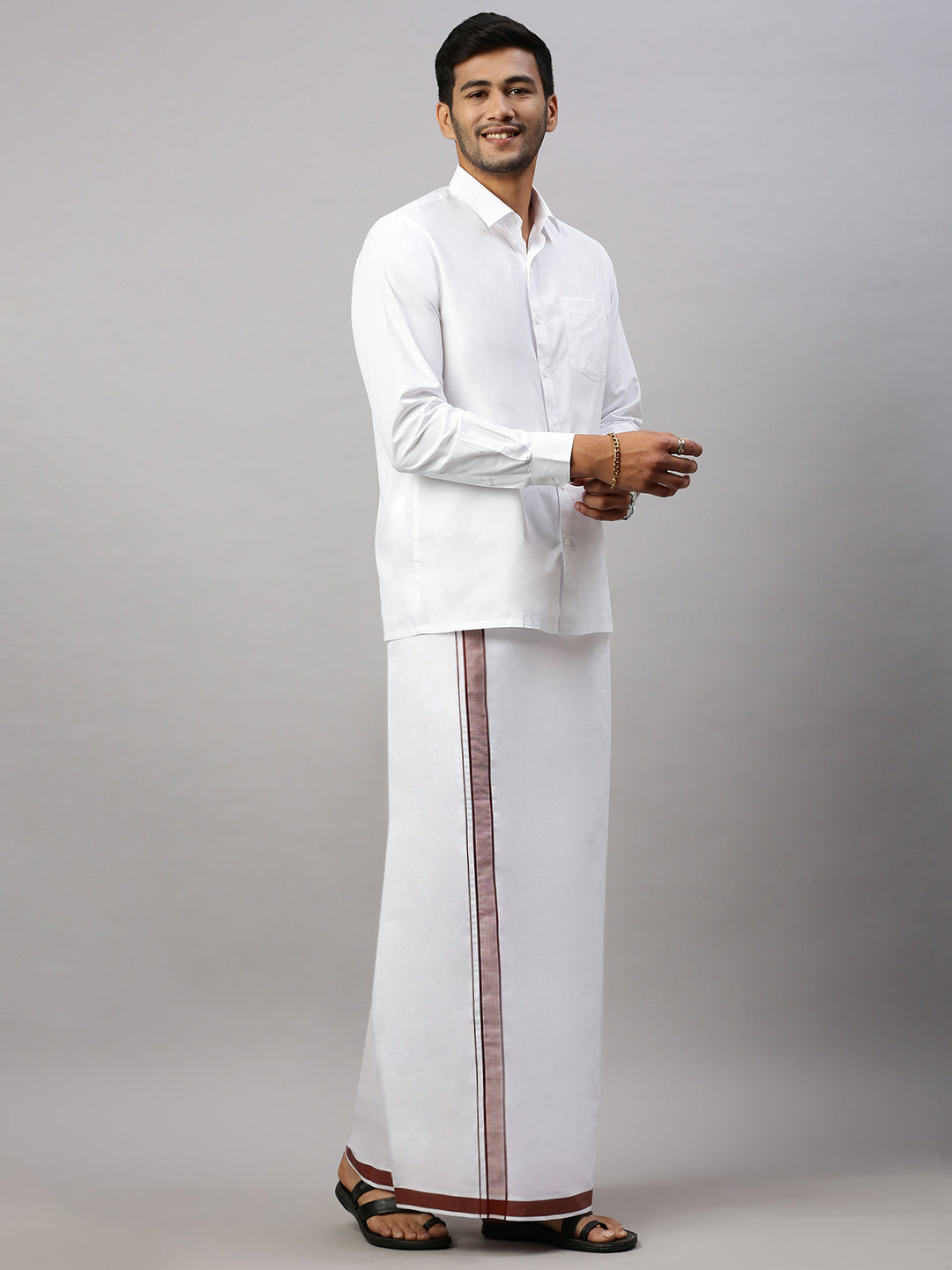 Mens White Shirt with Brown Fancy Border Dhoti Combo WP12