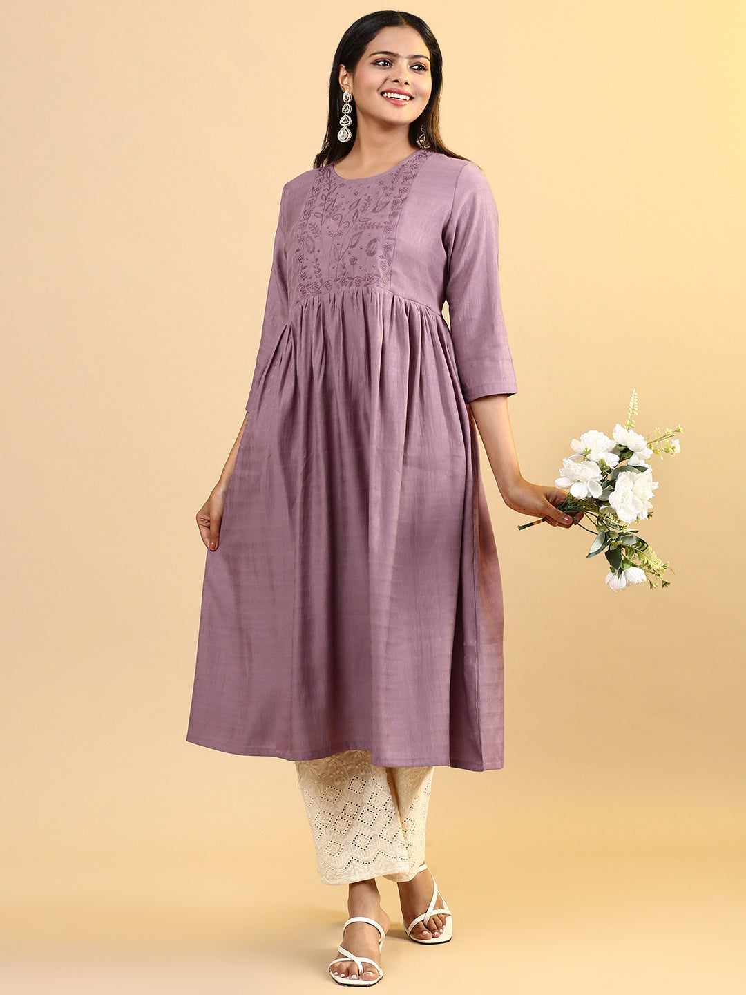 Women Cotton Embroidered Round Neck Kurti Purple EKS13