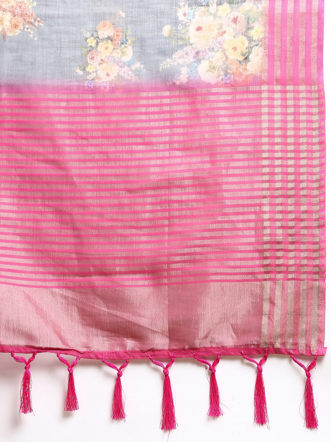 Semi Linen Flower Dark Grey & Pink Colour Semi Linen Saree SL29-Zari view