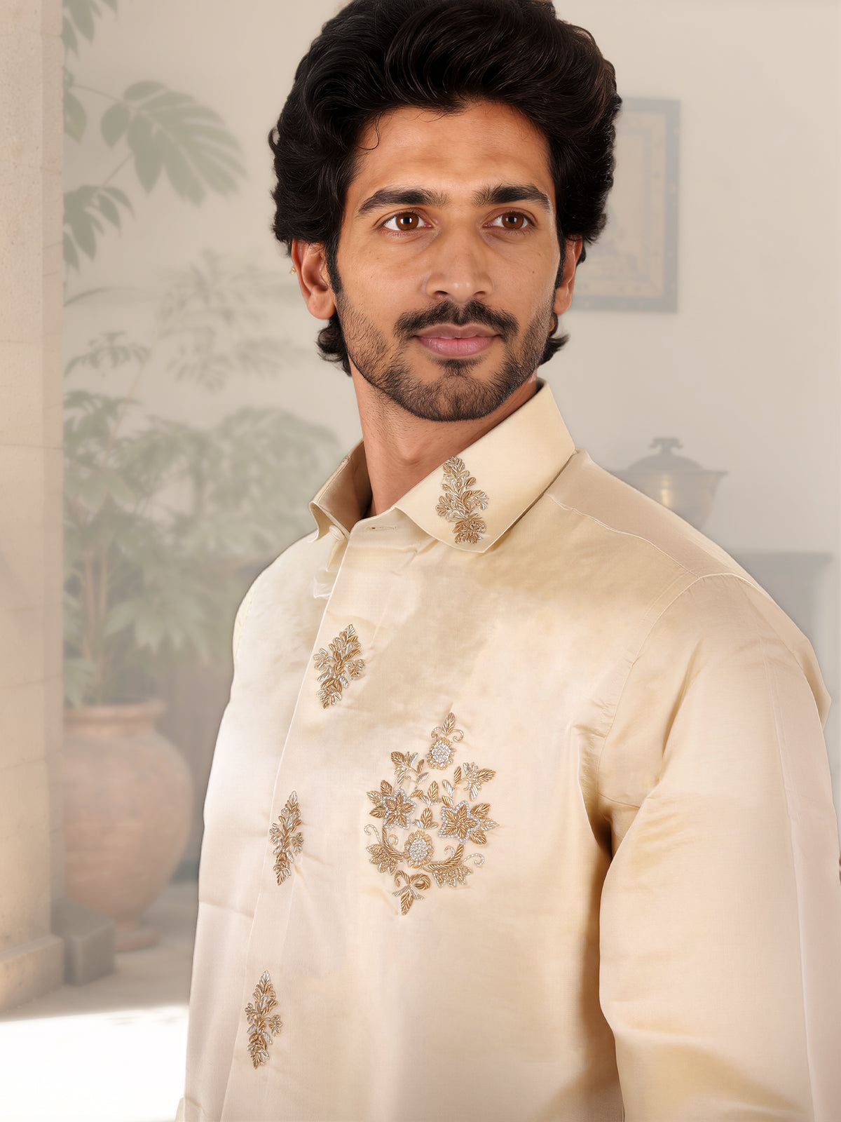 LAGNAA Premium Pure Tussar Silk Hand Embroidered Designer Shirt & Dhoti Set with Royal Butta Detailing Signature Chest Emblem Jari | Rajarudhran