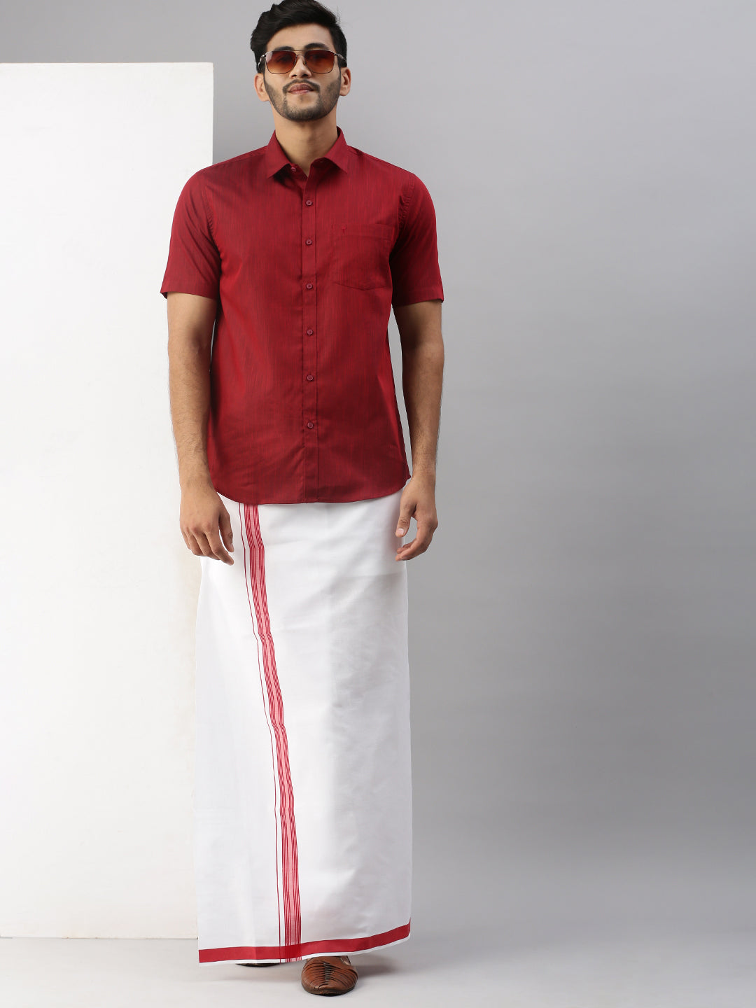 Mens Dark Red Matching Border Dhoti & Half Sleeves Shirt Set Evolution IC9-Front view
